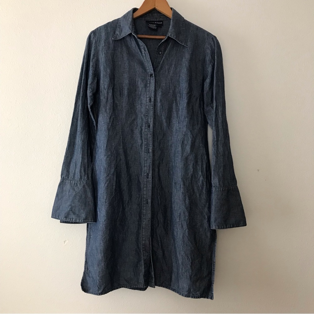 Tristan & Iseut Linen Cotton Button Down Shirt Dress Tunic Chambray Indigo